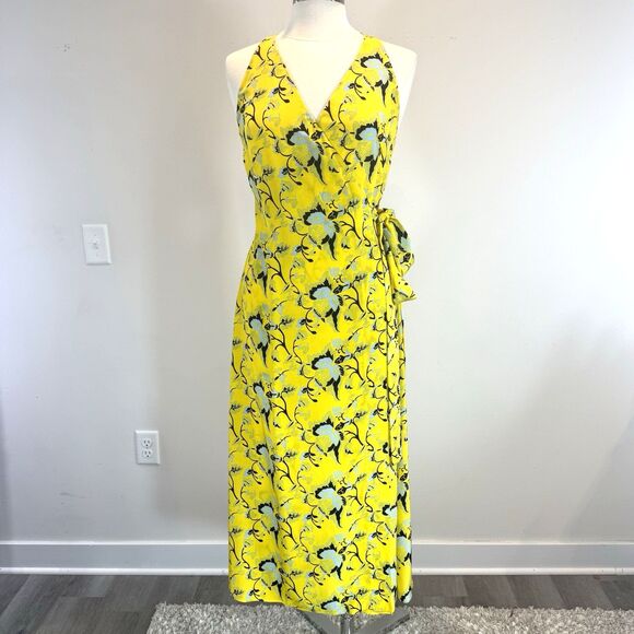 DVF Wrap Dress Maxi Silk Yellow Floral Tie Waist Size 8 READ DESCRIPTION - Picture 10 of 11